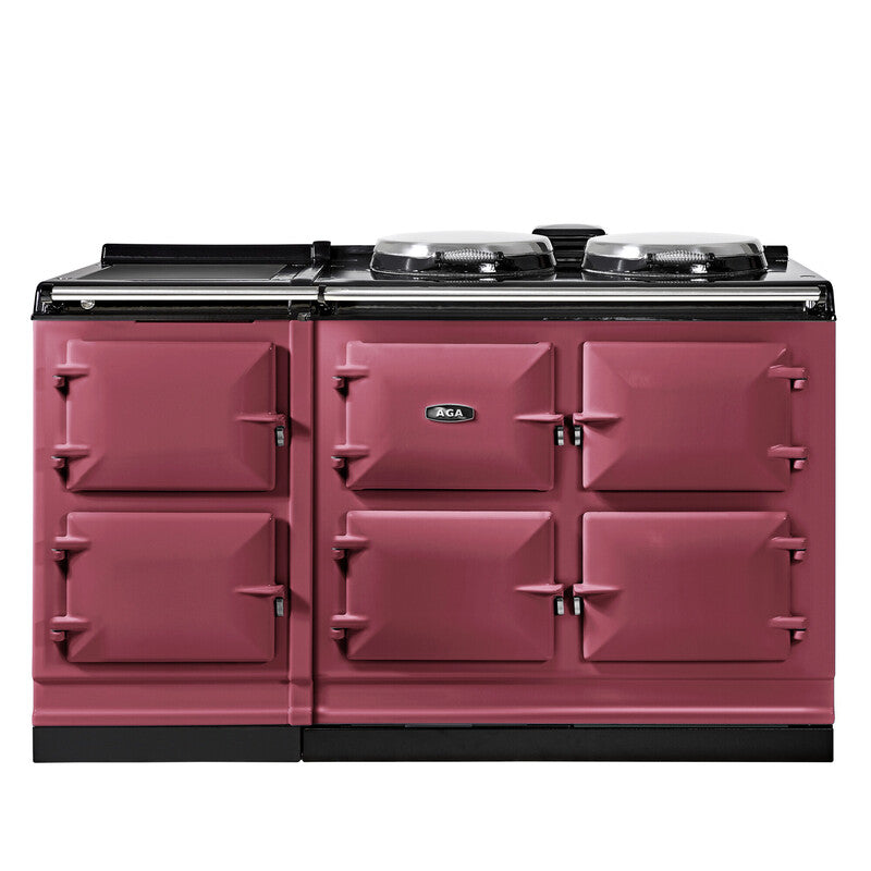 Pink AGA stove with black cooktop on a white background