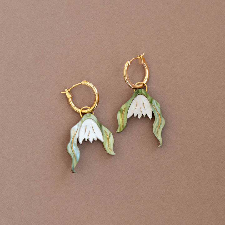 Snowdrop Flower Hoop Earrings in Pearly White