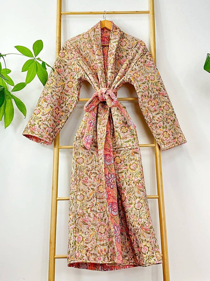 Boho Peachy Pink Floral Quilted Robe