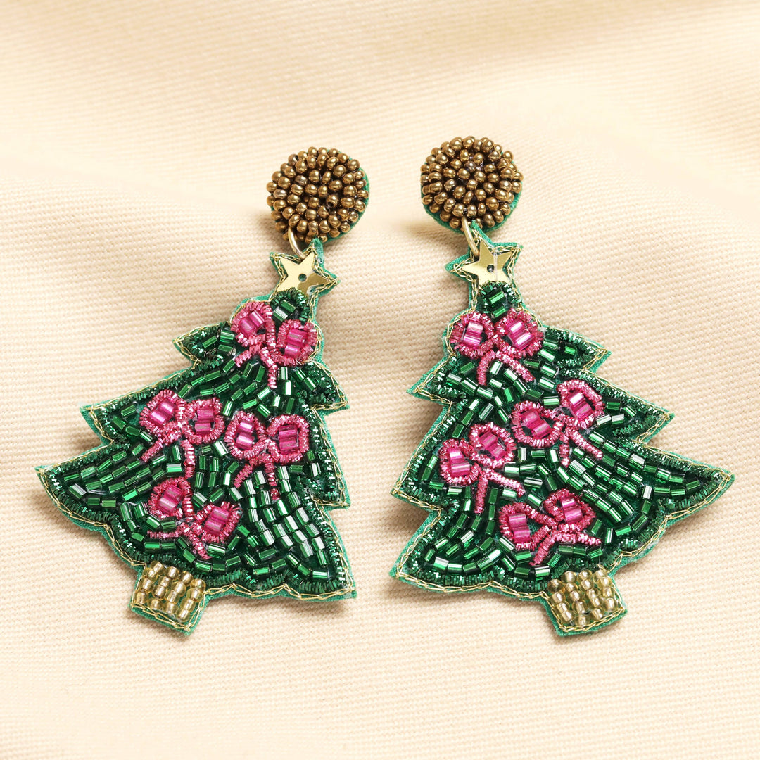 Beaded Christmas Tree Drop Earrings