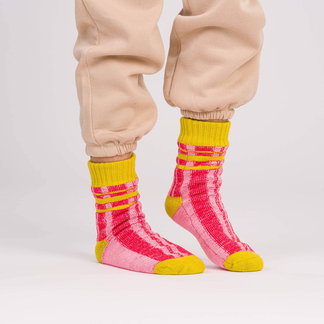 Pink Plaid House Socks: Size 5-8