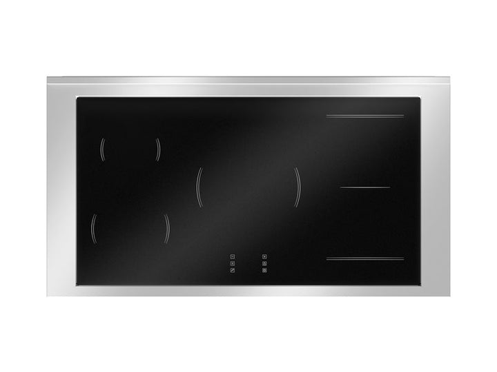Stainless steel electric cooktop with black glass surface on a white background