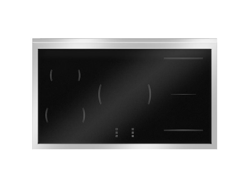 Stainless steel cooktop with black glass surface on a white background