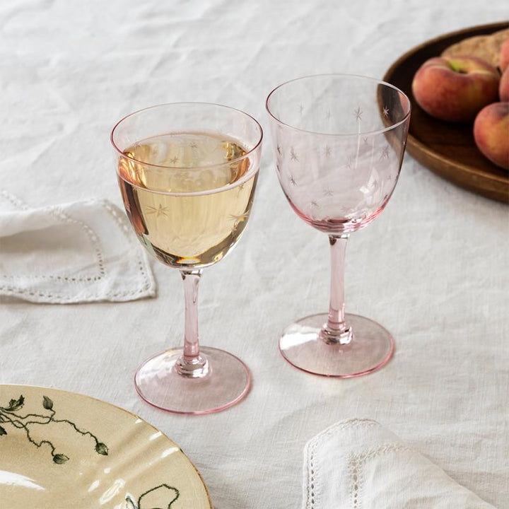 Pink Etched Star Wine Glass Set