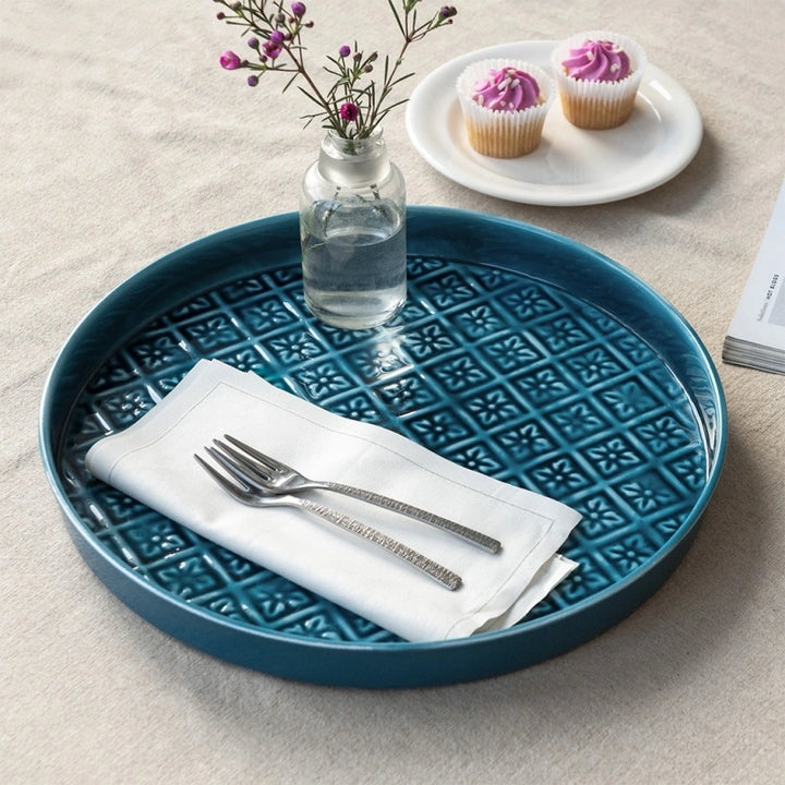 Round Enamel Tray in Blue