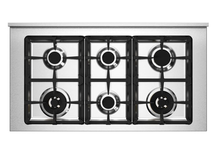 Stainless steel gas stove with five burners on a white background