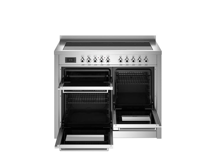 Stainless steel kitchen range with open oven on a white background