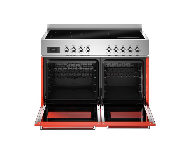 Stainless steel and red oven with open doors on a white background