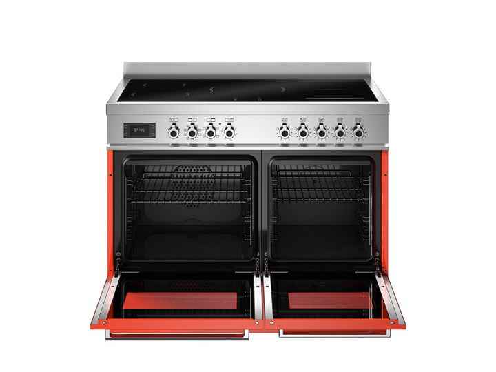 Stainless steel and red oven with open doors on a white background