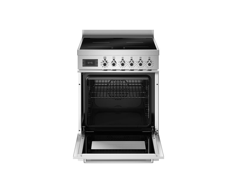 A stainless steel freestanding range with an open oven door, featuring a black glass cooktop, six control knobs, and interior oven racks, shown against a plain white background.