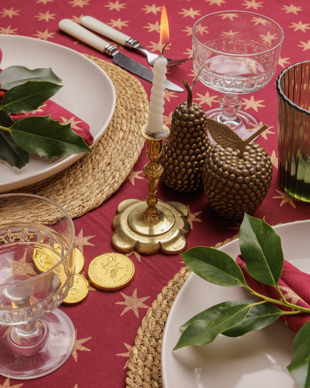PRE ORDER: Gold Star Block Print Tablecloth in Mulled Wine