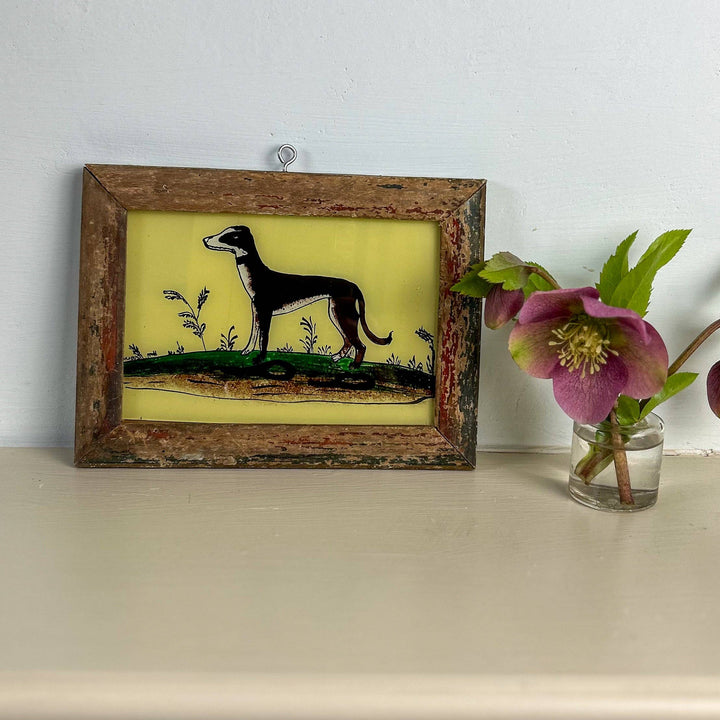 Black Whippet Indian Glass Painting - Vintage