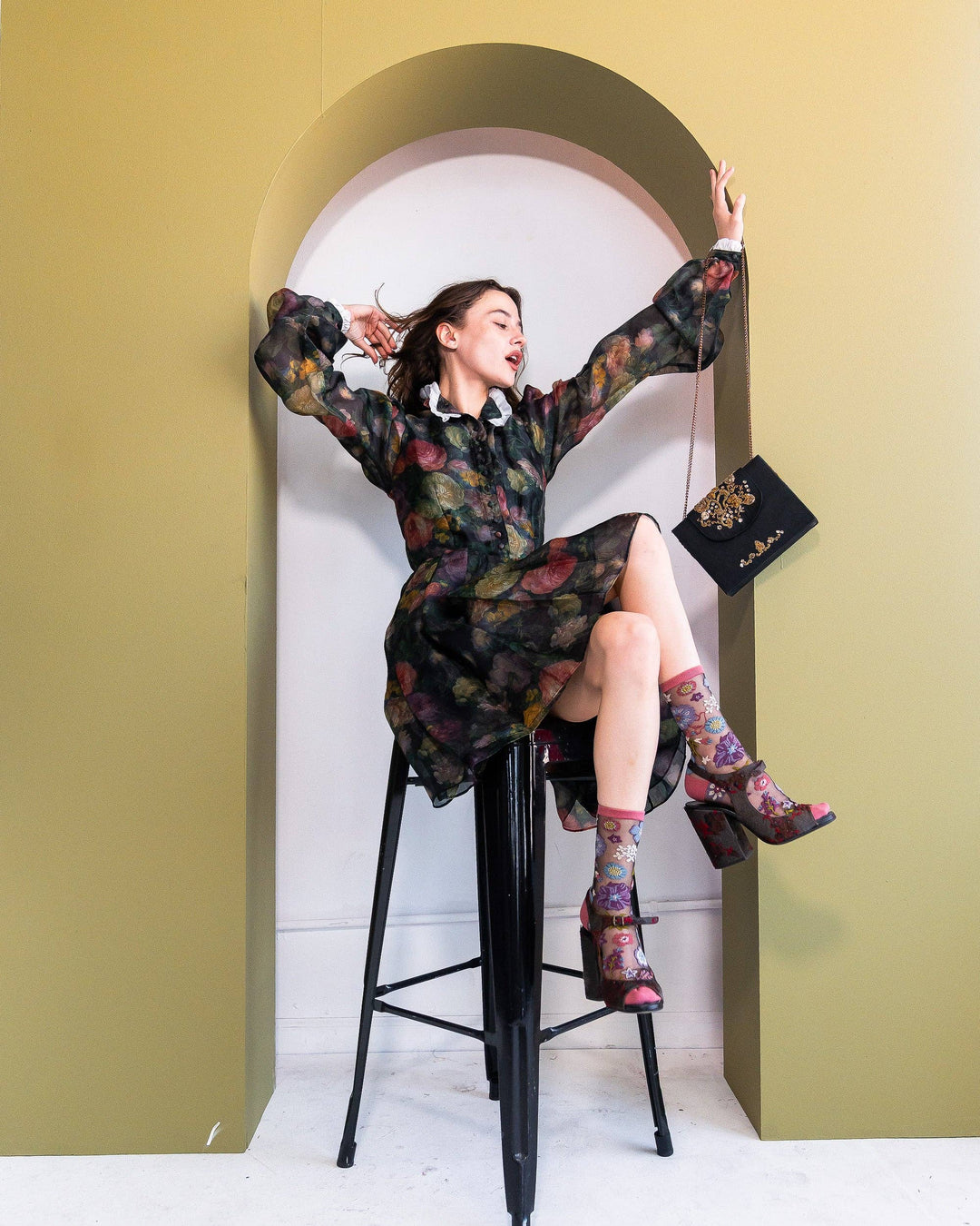 Dark Florals Black Sheer Socks