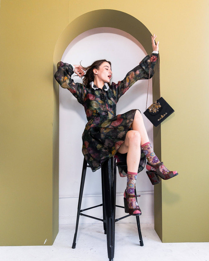 Dark Florals Black Sheer Socks
