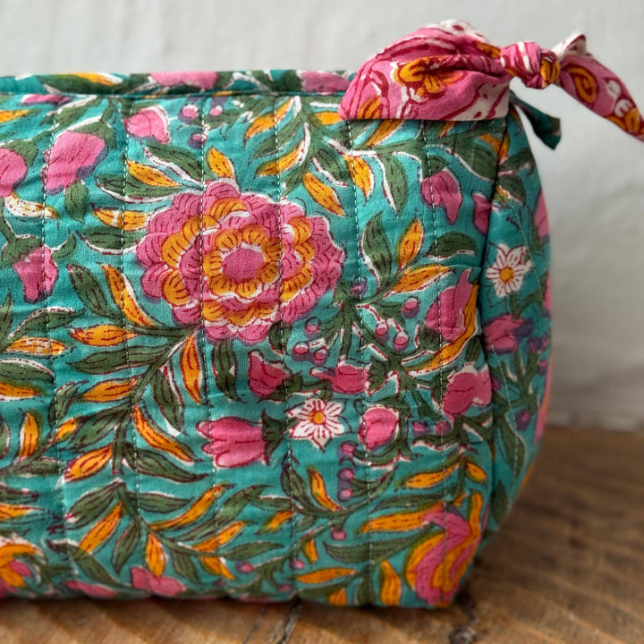Hand Block Printed Wash Bag in Pink City Bloom: Medium