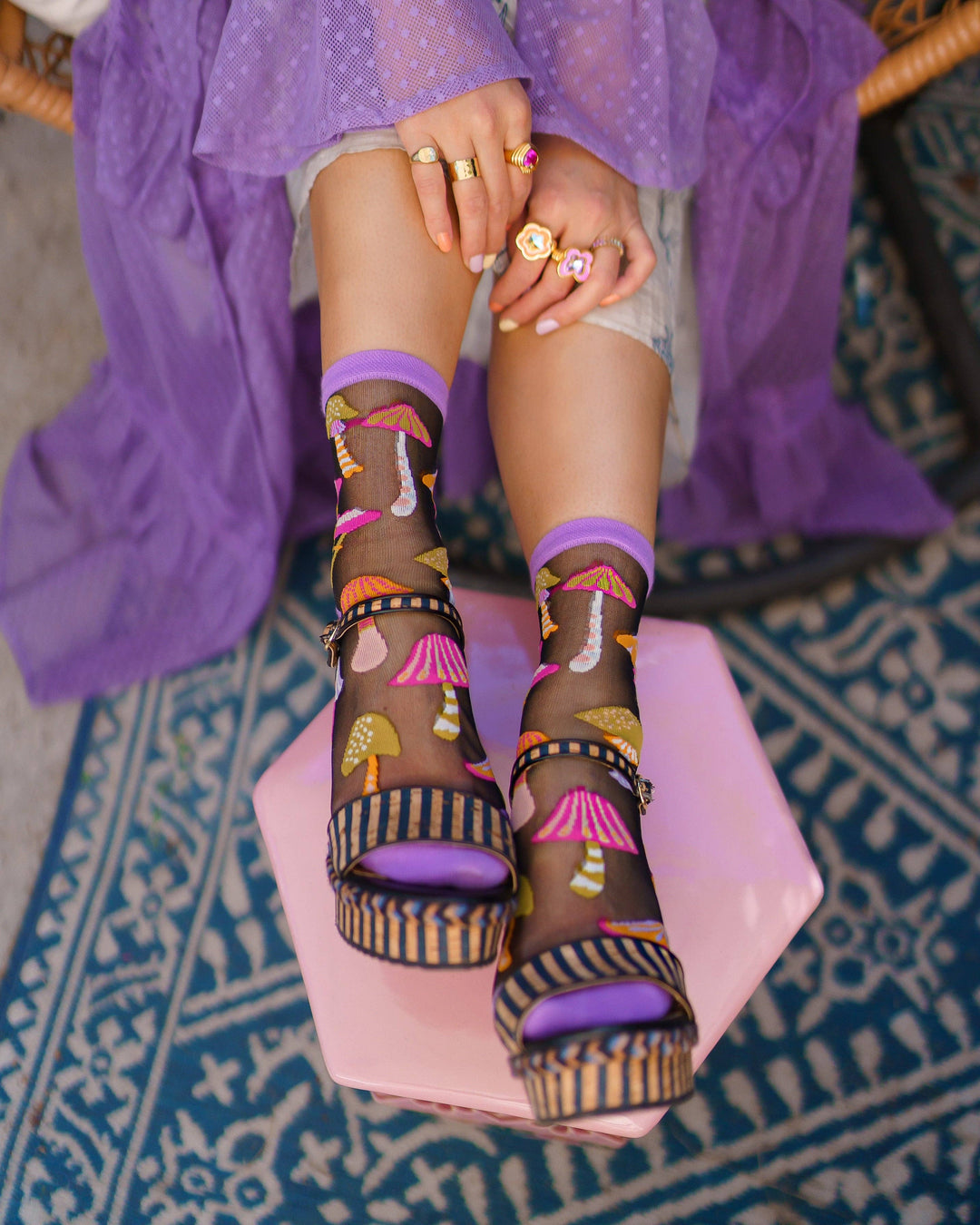 Magic Mushrooms Black Sheer Socks