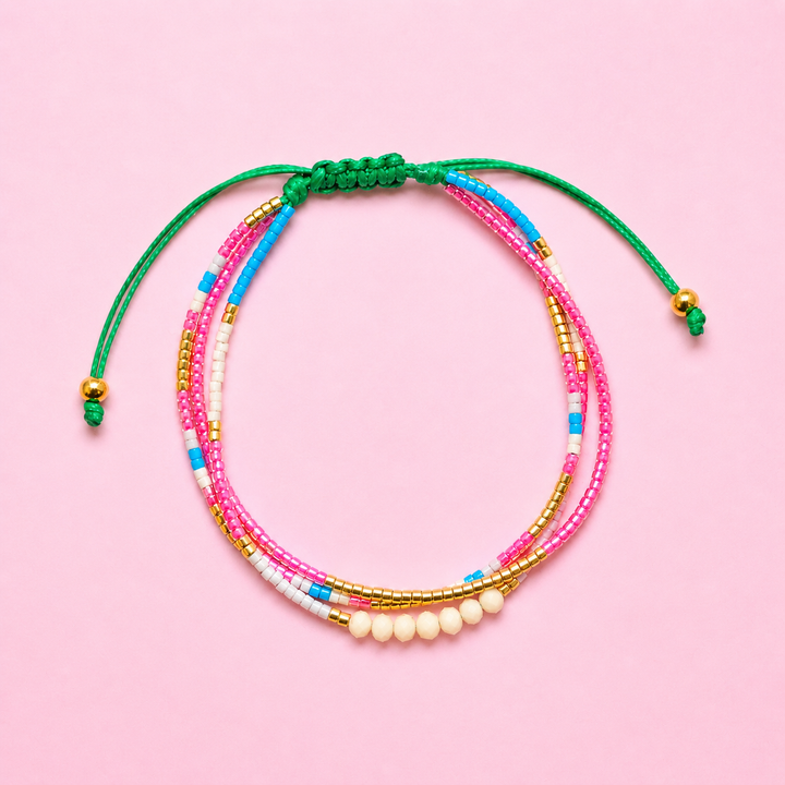 Beaded Bracelet Pink Green Gold