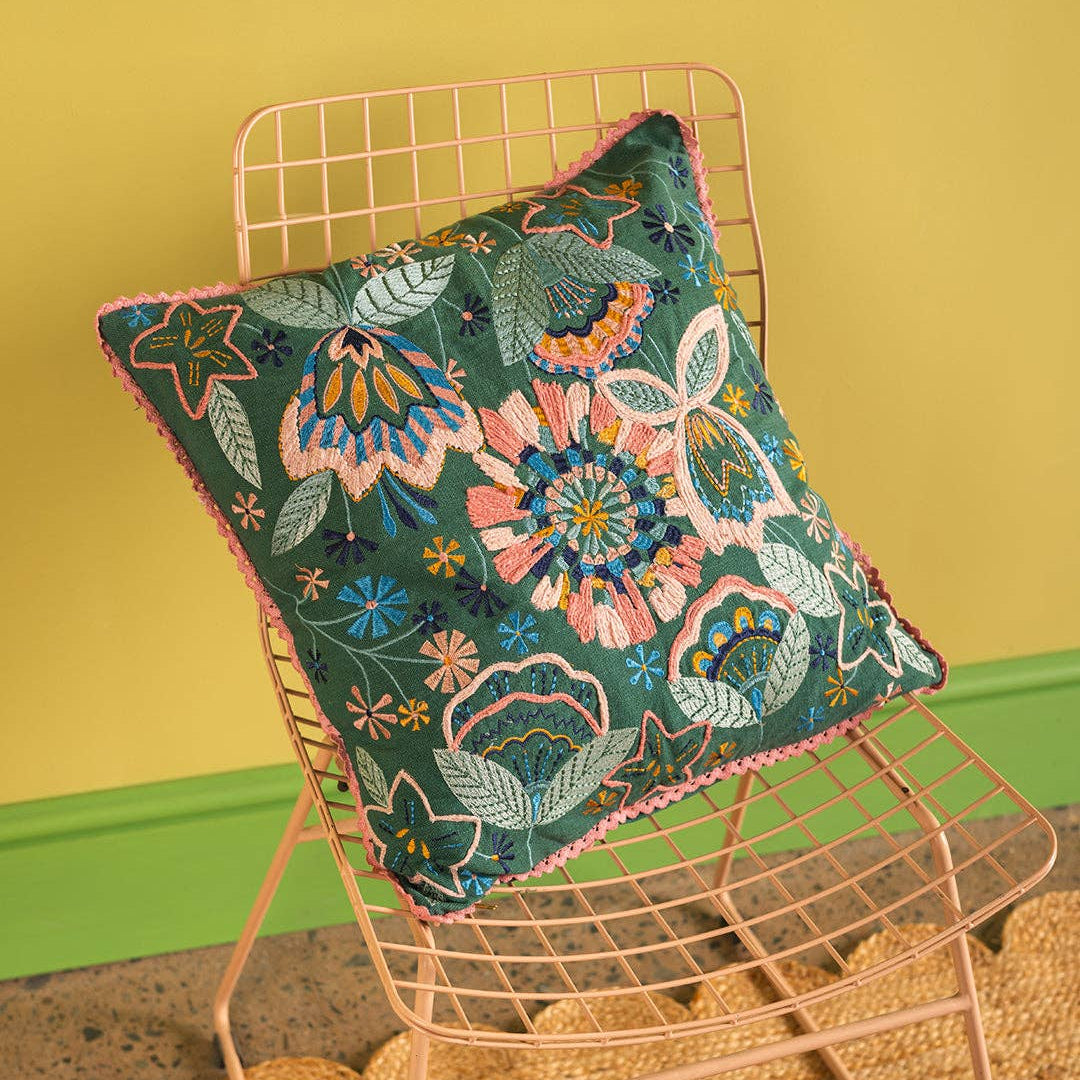 Sea Green Floral Embroidered Cushion Cover