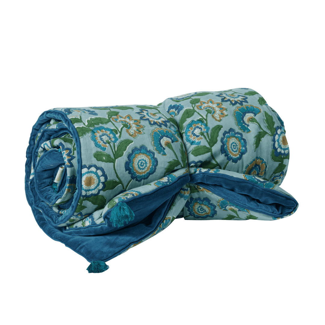 Guapao Velvet and Block Print Quilted Sofa/Bed Cover