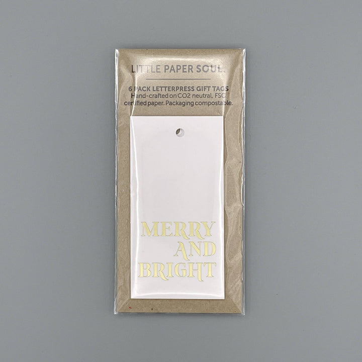 Merry & Bright Gold Foil Letterpress Gift Tag - Pack of 6