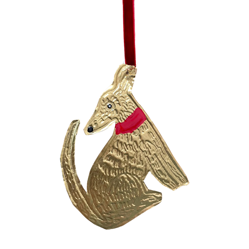 Tin Embossed Sitting Dog Ornament with Ribbon