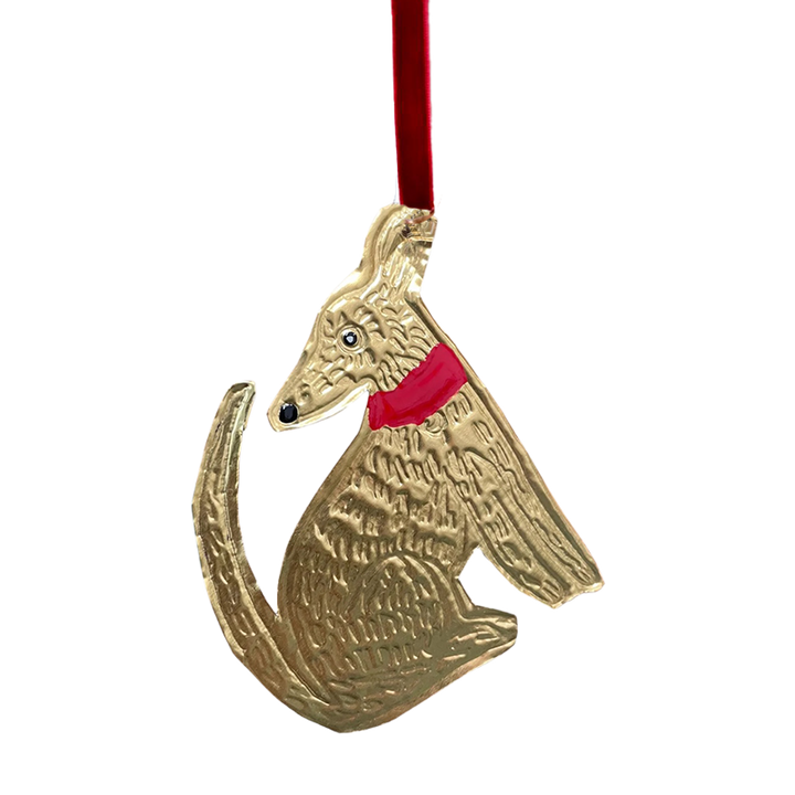 Tin Embossed Sitting Dog Ornament with Ribbon