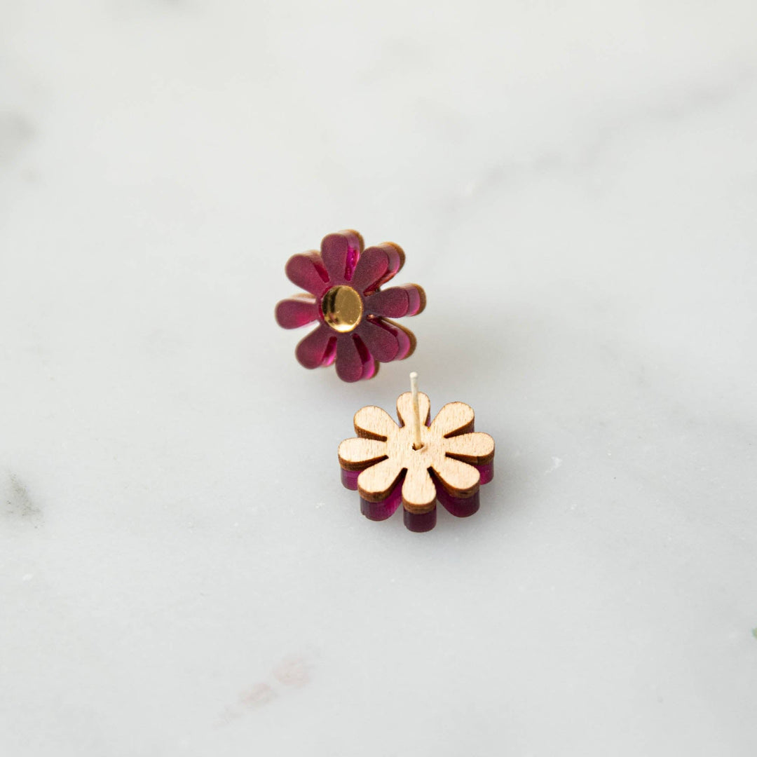 Daisy Stud Earrings: Aubergine Purple & Gold