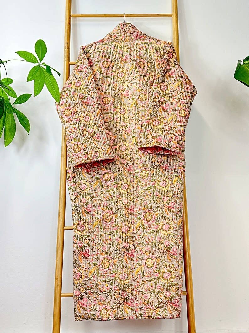 Boho Peachy Pink Floral Quilted Robe