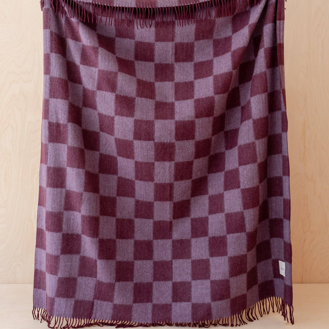 Recycled Wool Blanket in Burgundy & Lilac Checkerboard