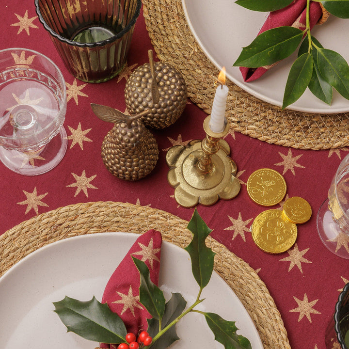 PRE ORDER: Gold Star Block Print Tablecloth in Mulled Wine