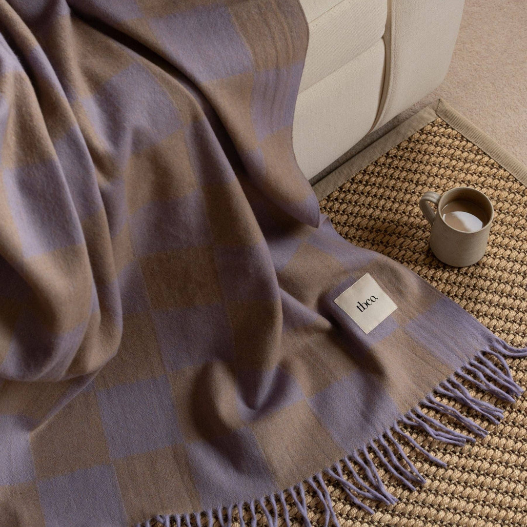 Recycled Wool Blanket in Lilac & Coffee Checkerboard