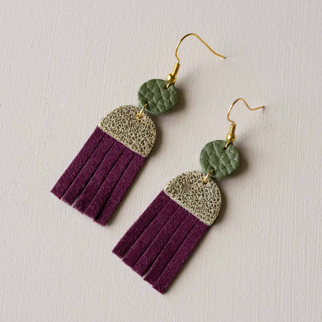 Jellyfish Dangle Hook Leather Earrings in Plum Purple