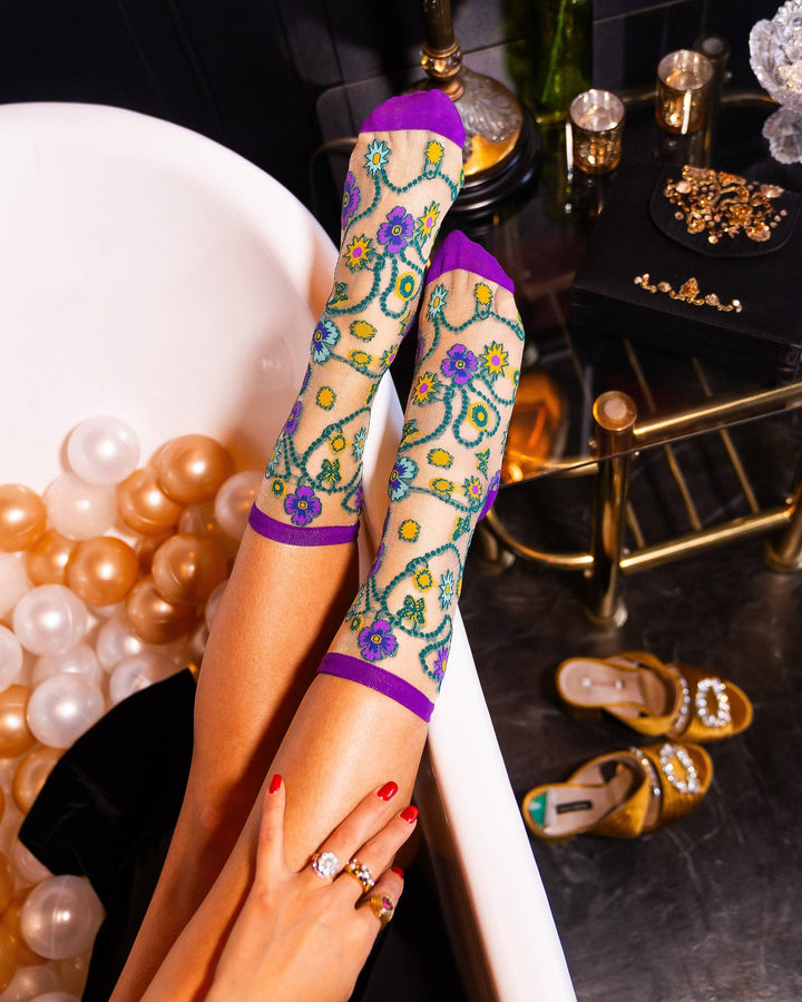 Jewelled Floral Gold Shimmer Sheer Socks