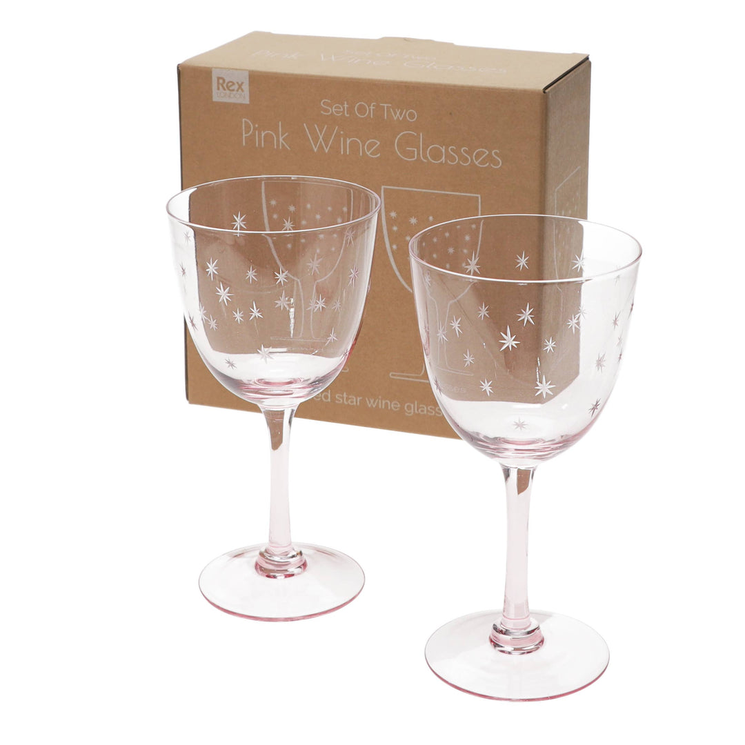 Pink Etched Star Wine Glass Set