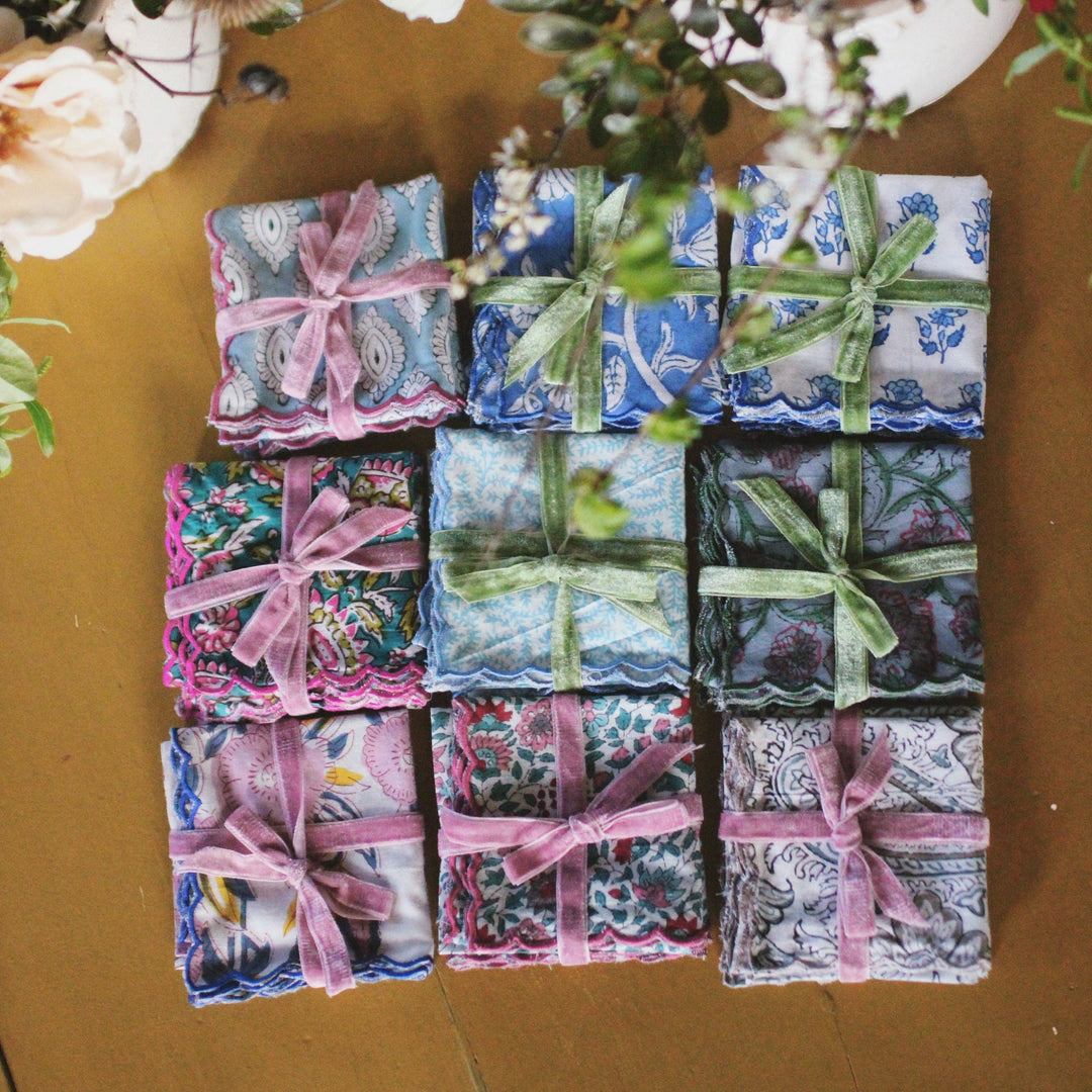 Set of 2 Hand Block Printed Cotton Napkins - Blue Wave