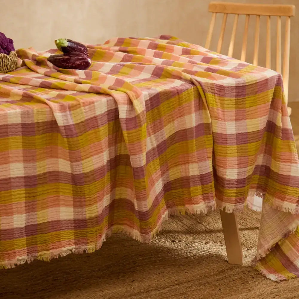 Harvest Gingham Muslin Tablecloth with Fringe