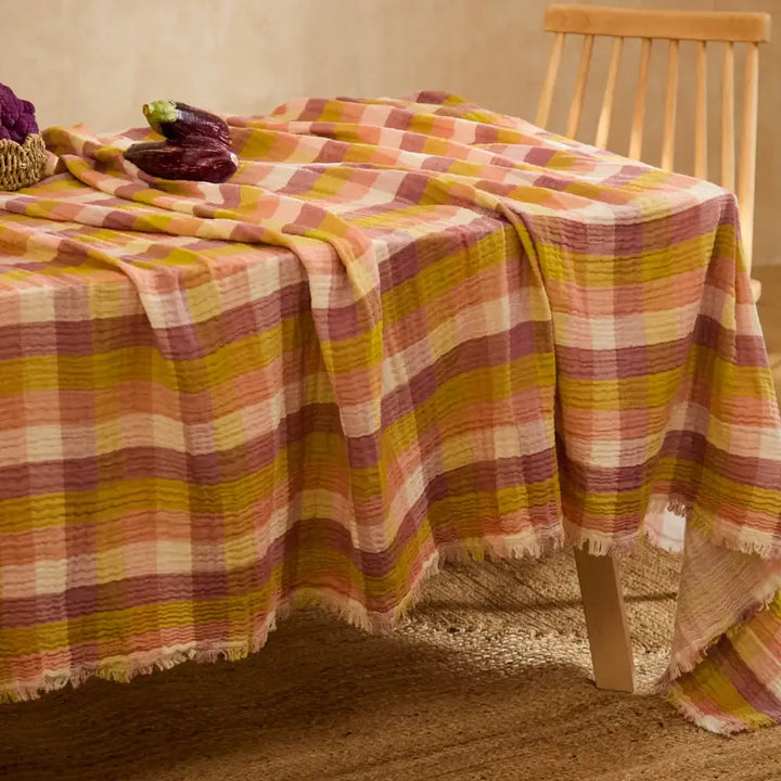 Harvest Gingham Muslin Tablecloth with Fringe