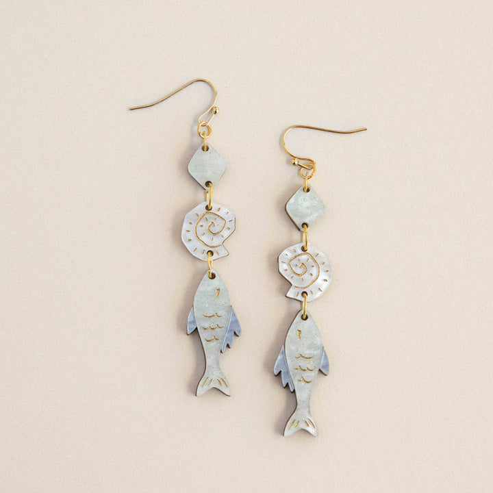 Ocean Fish, Shell & Pearl Drop Earrings