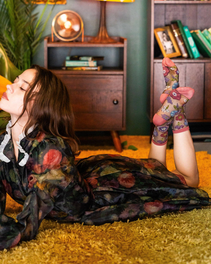 Dark Florals Black Sheer Socks