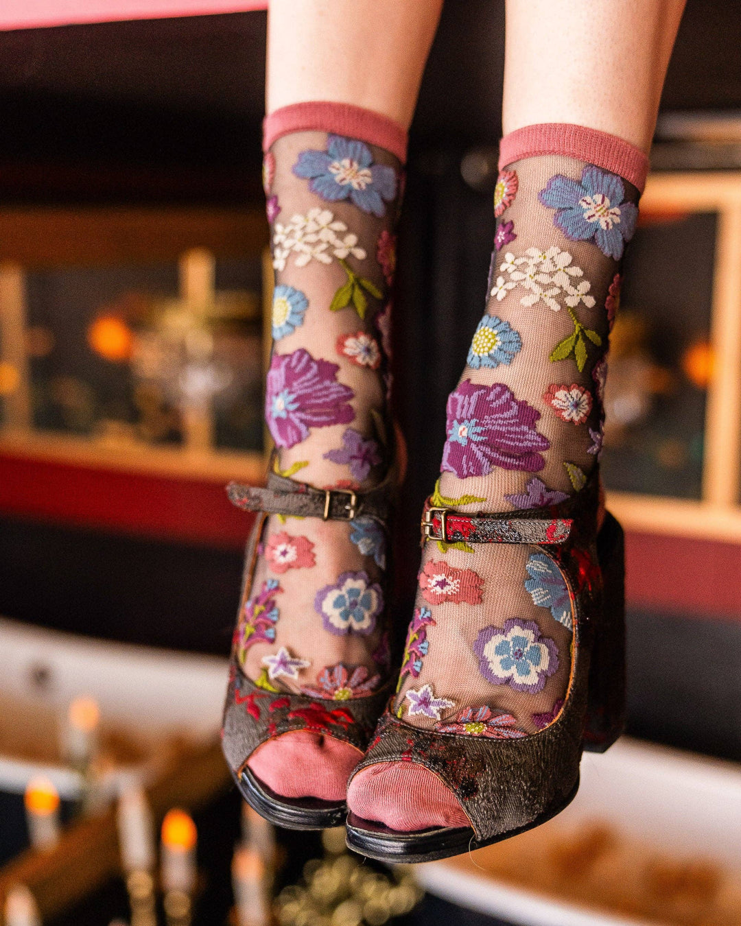 Dark Florals Black Sheer Socks