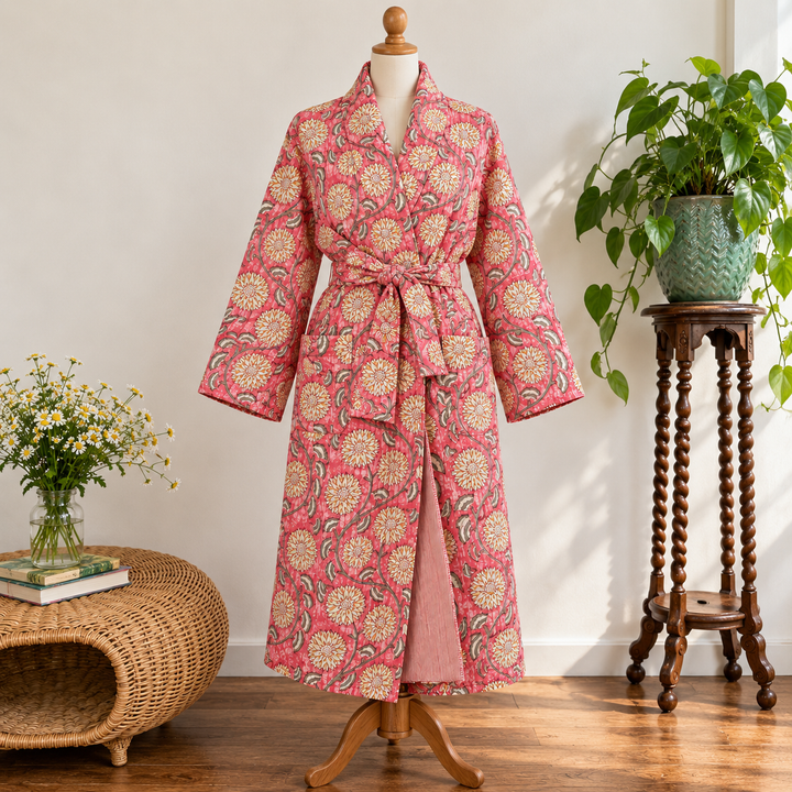Boho Pink Floral Quilted Robe