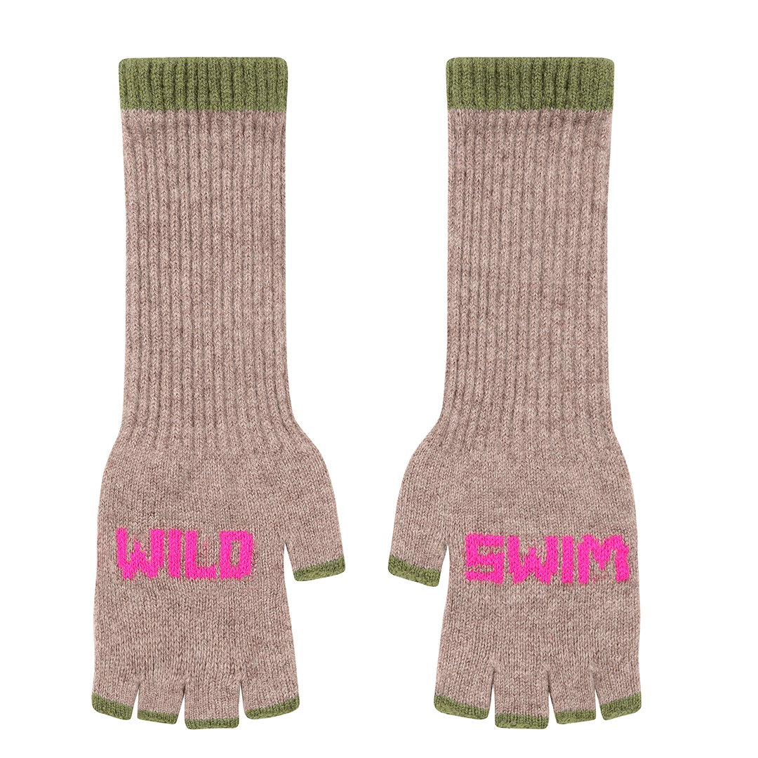 Wild Swim Merino Fingerless Gloves in Mushroom & Neon Pink