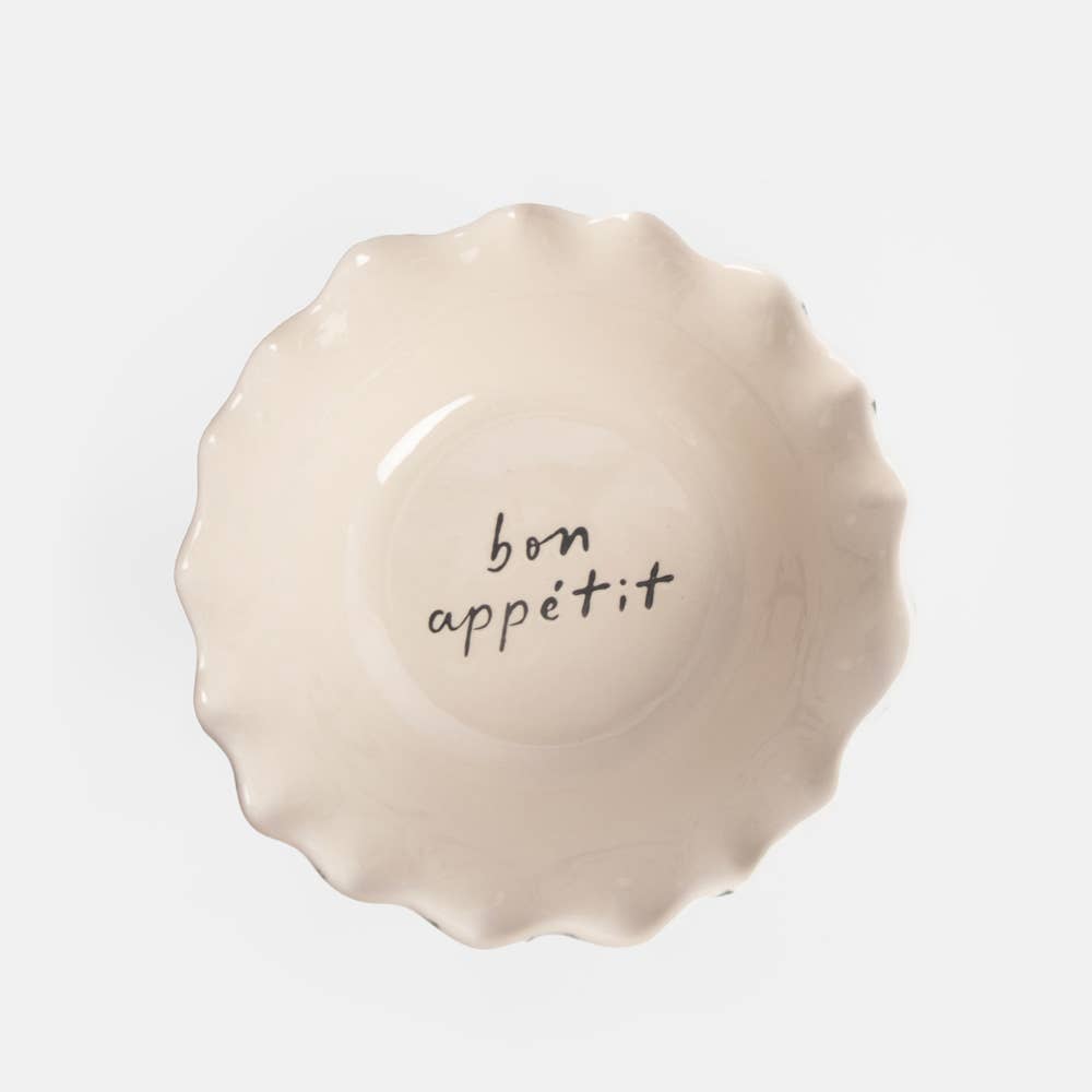 Teal Stripe 'Bon Appetit' Frilly Bowl