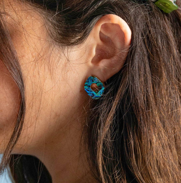 Rounded Form Stud Earrings in Blue Abalone Veneer
