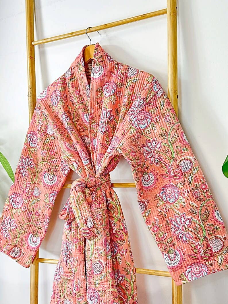 Boho Peachy Pink Floral Quilted Robe