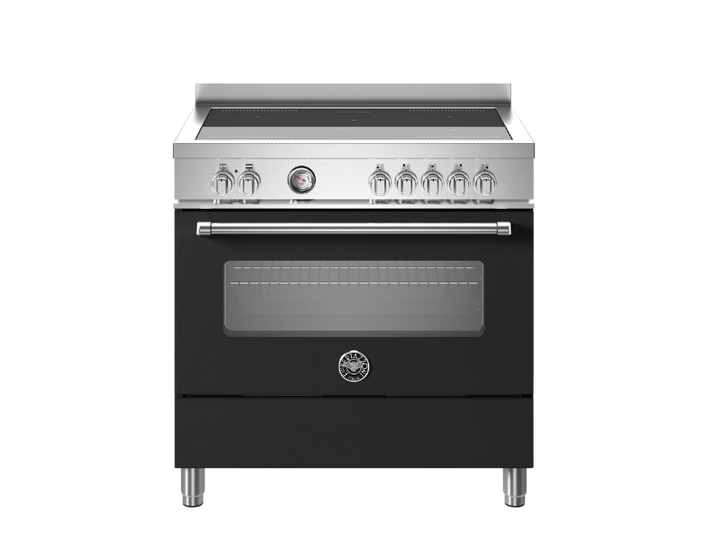 A black Bertazzoni electric oven with induction top and triple-glass doors.