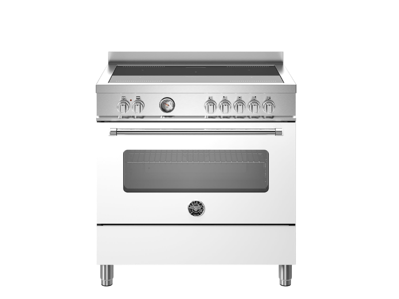 A white Bertazzoni Master Series 90cm induction top electric oven with stainless steel accents and multiple control knobs.