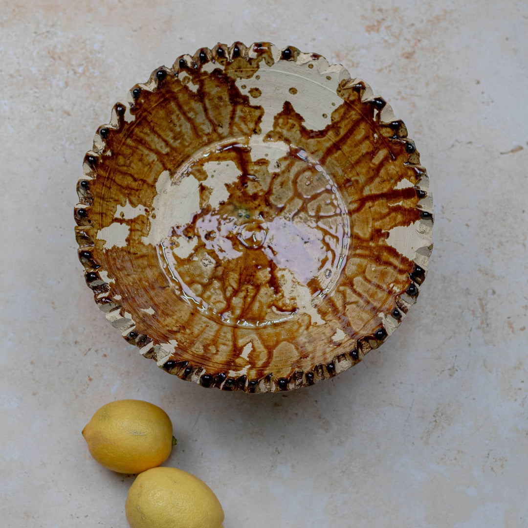 Moroccan Tamegroute Pedestal Bowl in Ochre - Large