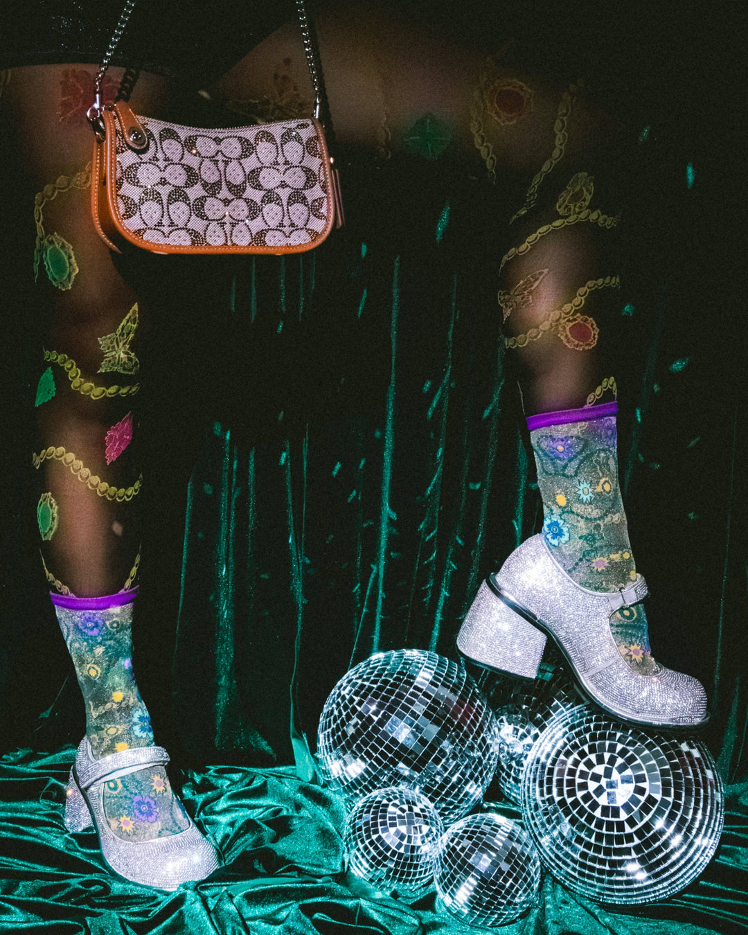 Jewelled Floral Gold Shimmer Sheer Socks