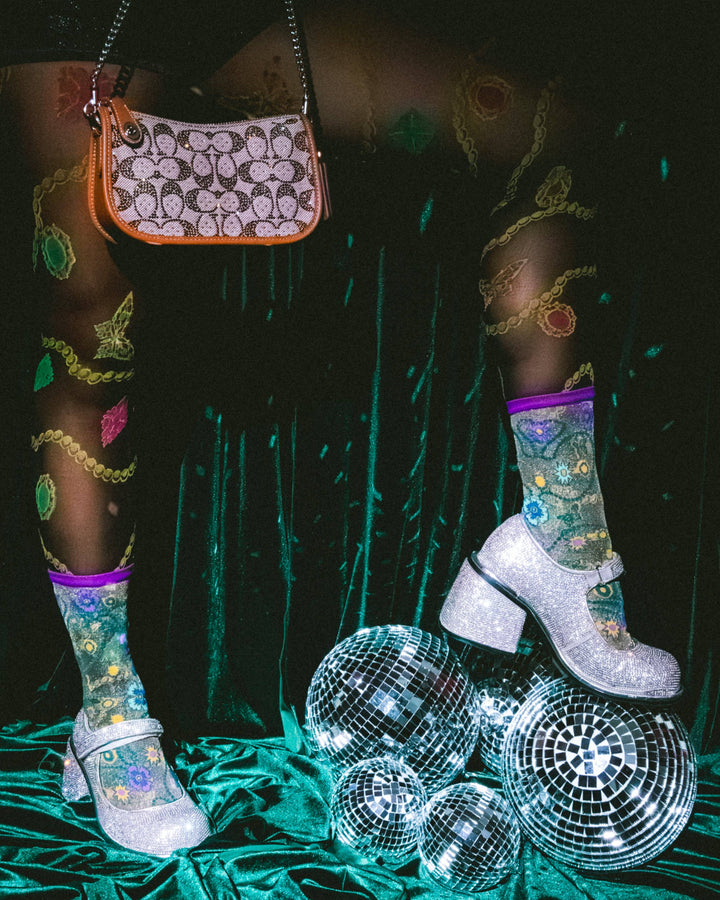 Jewelled Floral Gold Shimmer Sheer Socks